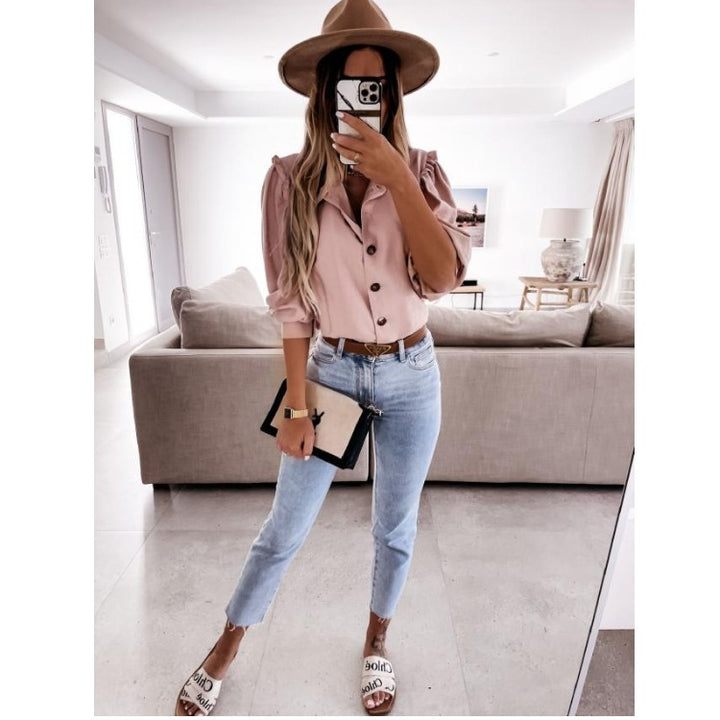 Dame Elegant Knap-up Bluse med Pufærmer Stilla