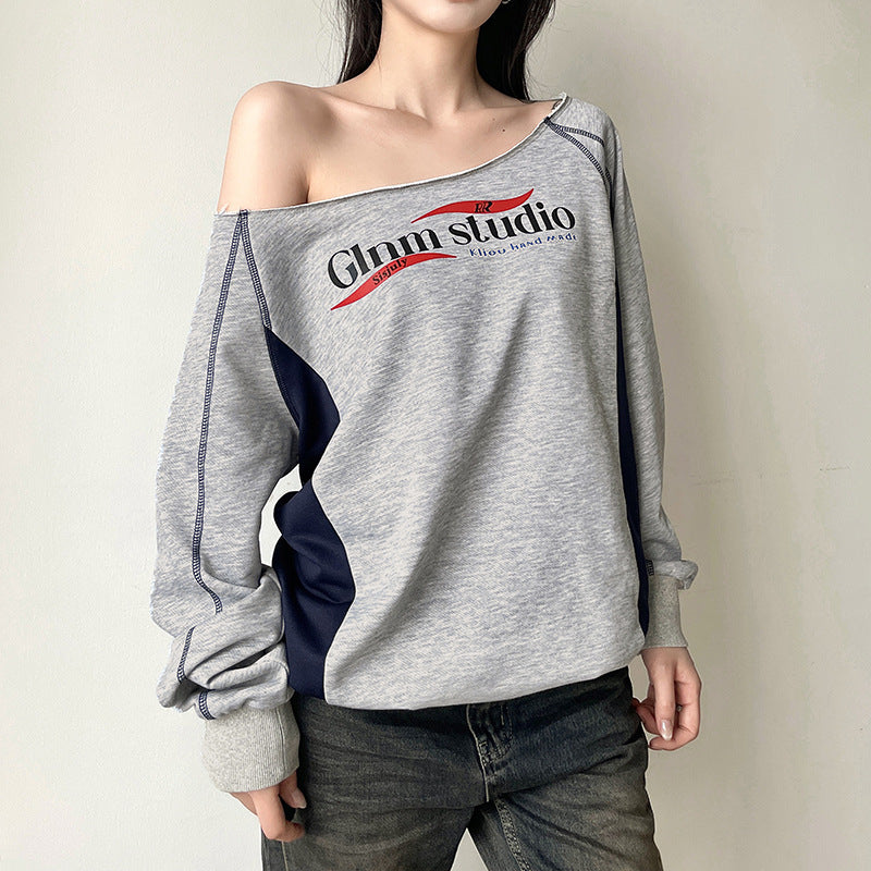 Dame Trendy OverStørrelse-Sweatshirt med legende Off-Shoulder-snit og kontrasterende detaljer Stilla