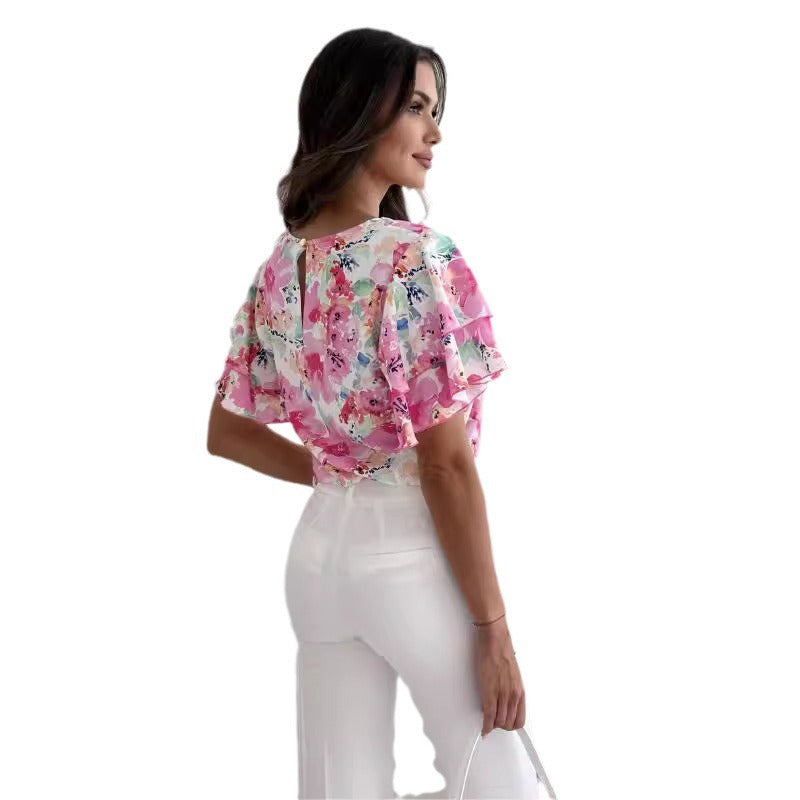 Damer kortærmet bluse med rynkedetaljer og blomsterdesign Stilla