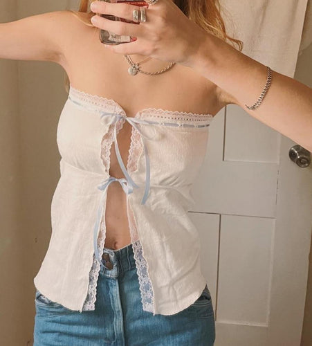 Dame Off-Shoulder Top med spidse dekorationer og legende knude Skovae