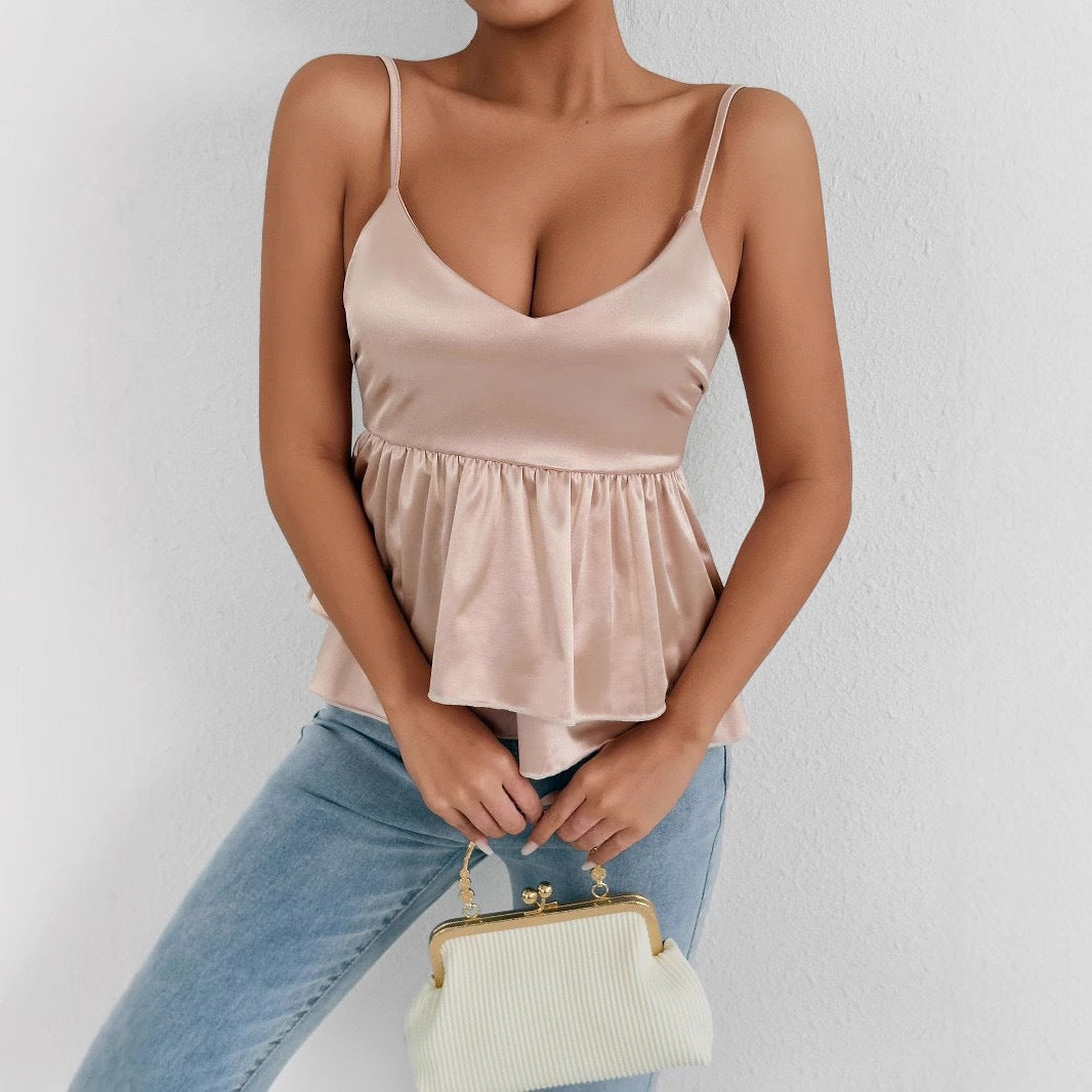Dame elegant satin top med dekorative volanter Skovae