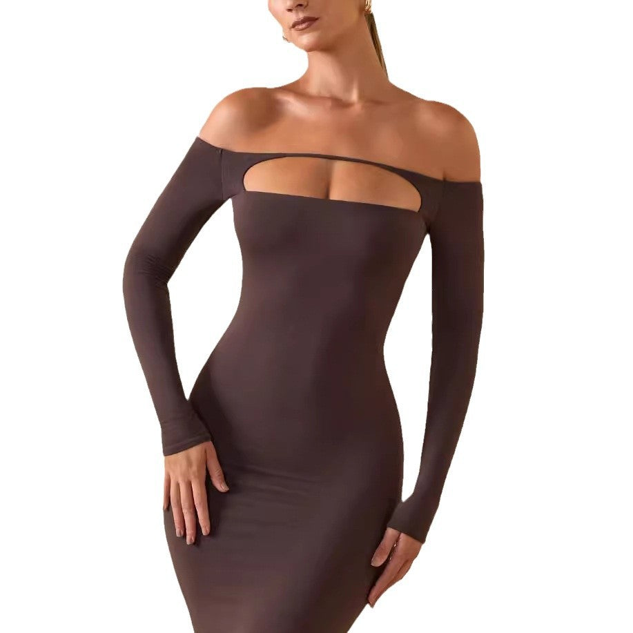 Kvinders figursyet langærmet kjole med udskæringsdesign og off-shoulder stil