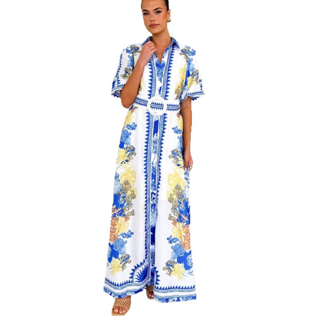 Dame Maxikjole med floral knapliste-design og figursyet bælte Stilla