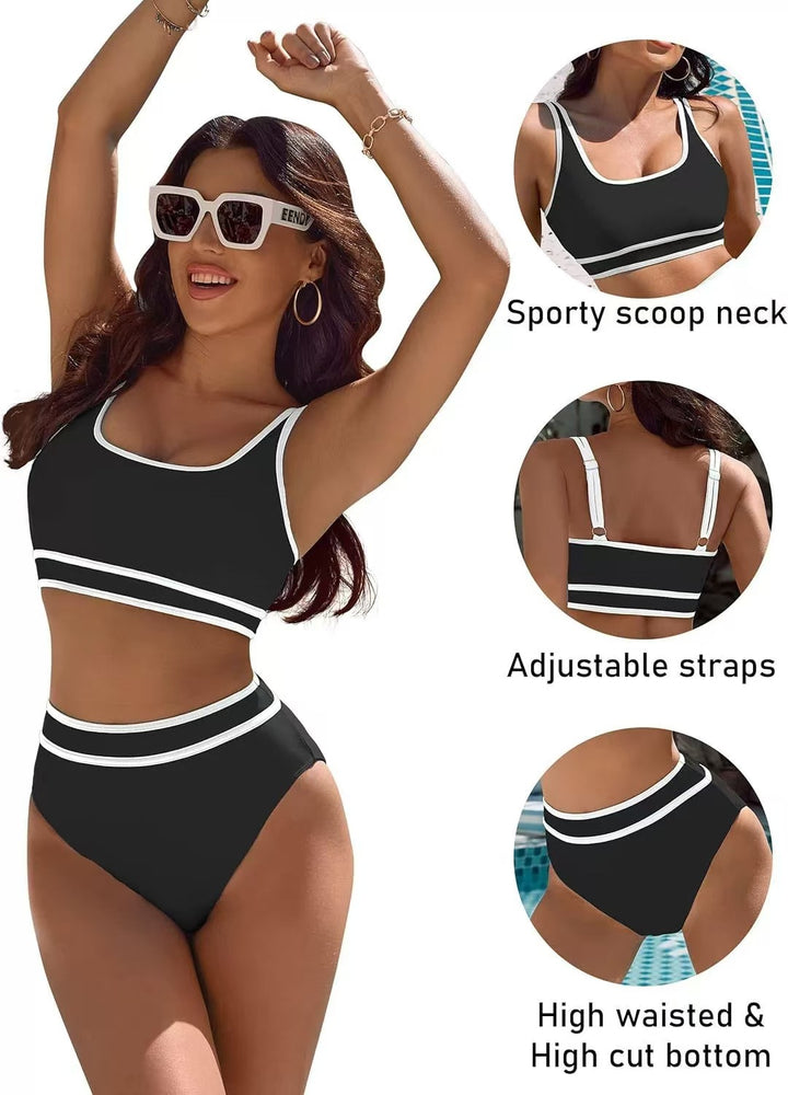 Dame Højtalje-Bikini-Sæt med brede stropper og sporty design Stilla