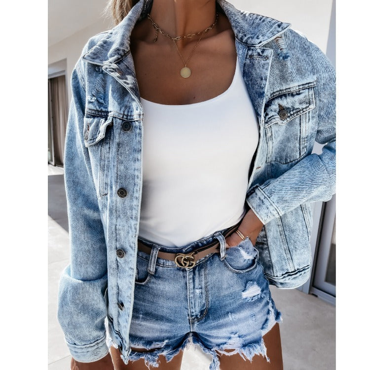 Femme ødelagte højtaljede denim-shorts med frynset kant Stilla