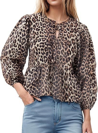 Dame Puffærmet Bluse med Leopardmønster og elegant nøgleåbning Stilla