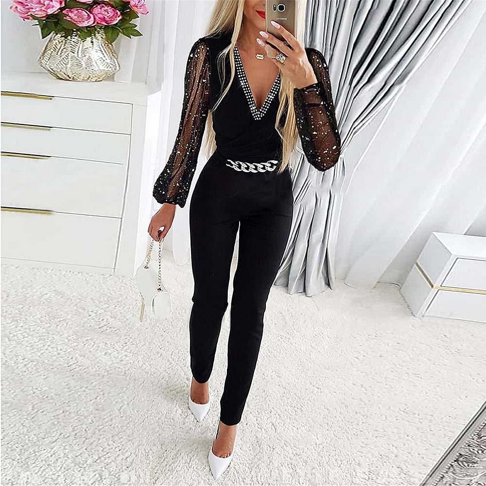 Dame Elegant Mesh-Ærme Jumpsuit Stilla