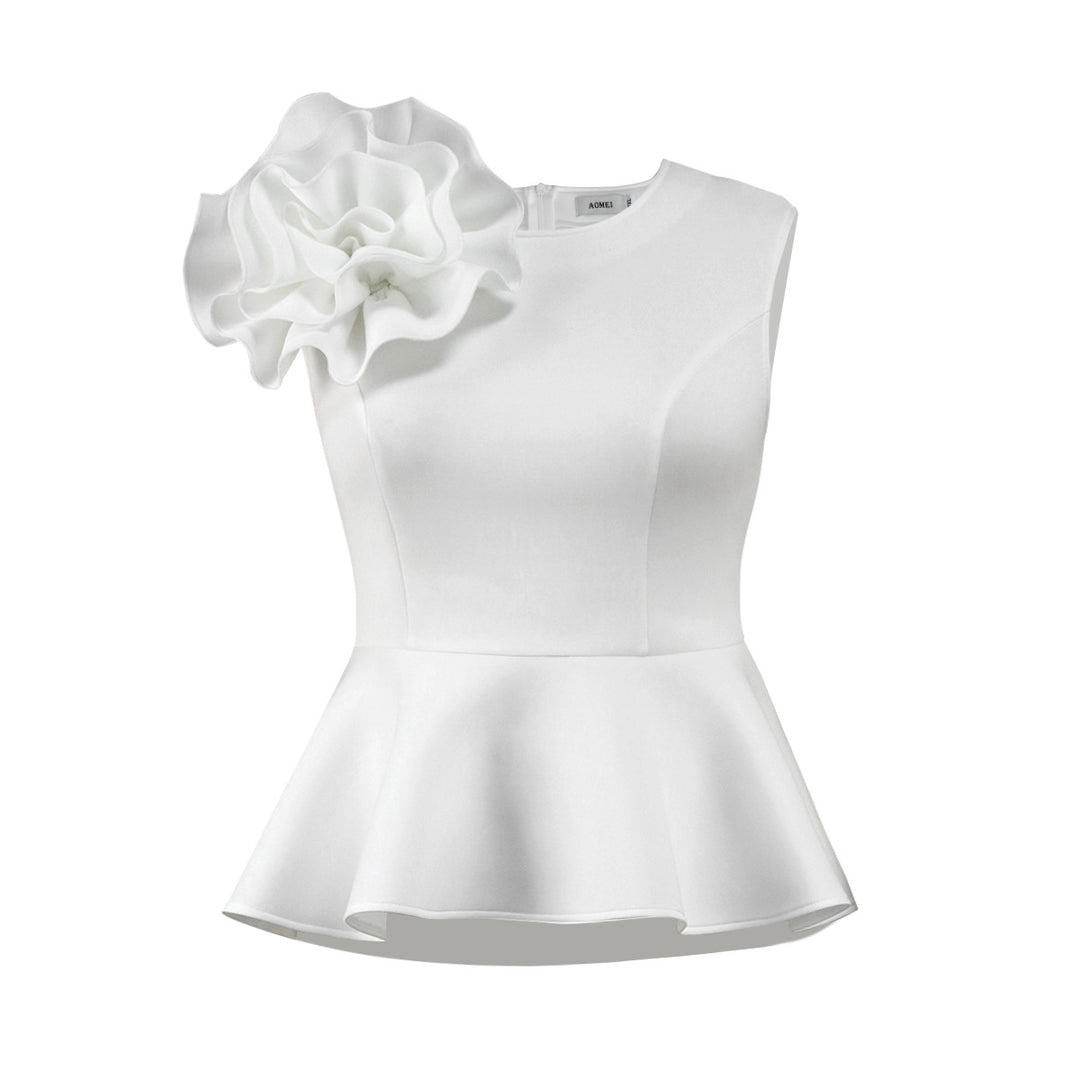 Dame elegant top med feminin flæsekant og iøjnefaldende blomsterapplikation Skovae