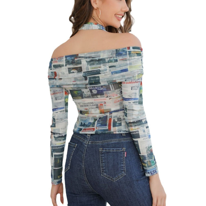 Damer Off-Shoulder Top med kreativ avisprint og tætsiddende silhuet Skovae