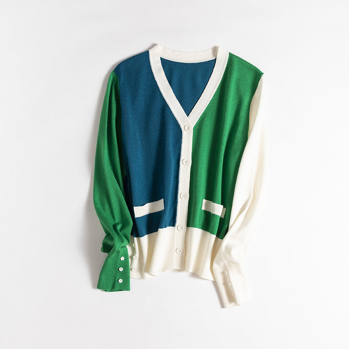 Femme Farveblok V-Audskæring Cardigan Pullover Stilla