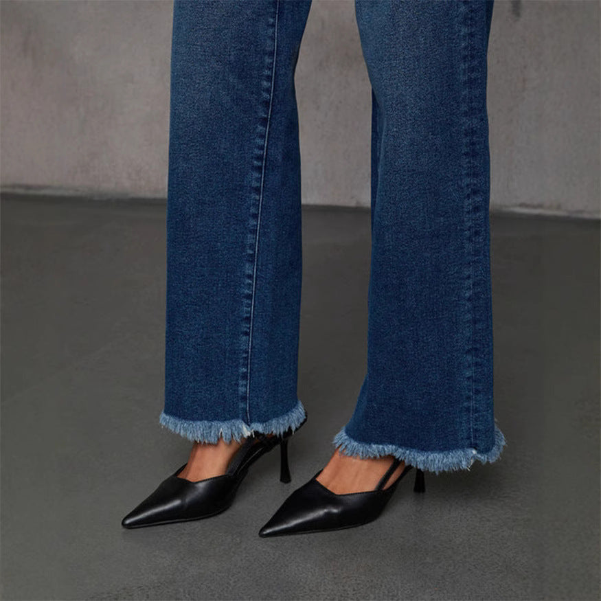 Damehøjt skårne jeans med frynset kant Stilla
