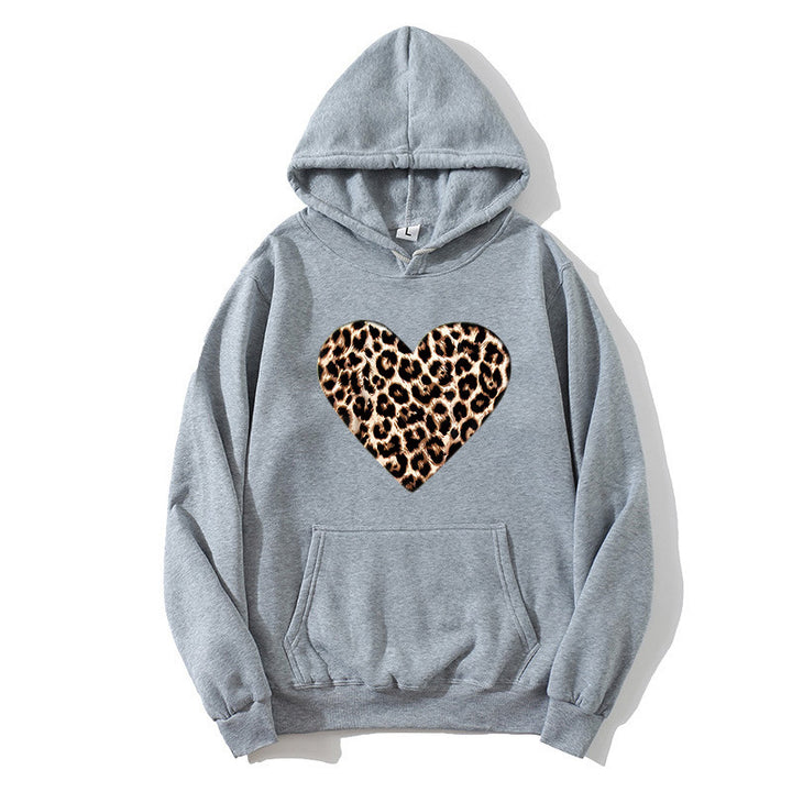 Dame hætte sweatshirt med hjerteformet leopardmønster Skovae