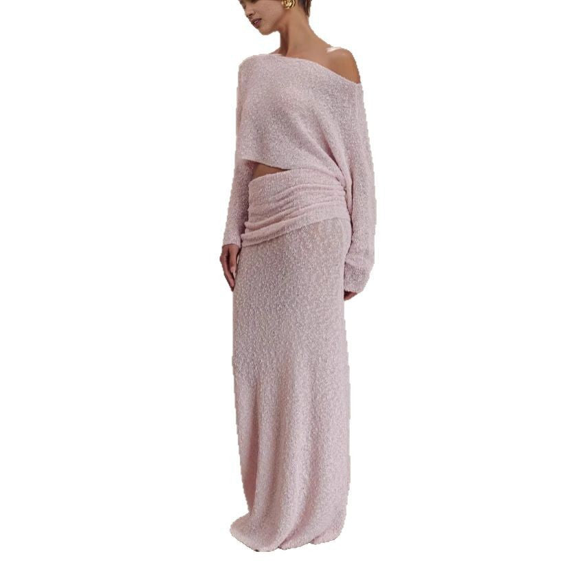Dame Strik Crop Top og Maxiskørt Sæt med sideløsning og trendy Ribstruktur Stilla