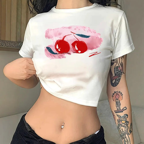 Dame Crop-T-shirt med glat kirsebærmotiv og kort snit Skovae