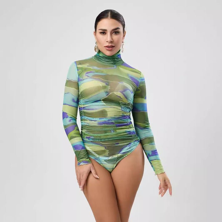 Dame figursyet bodystocking med høj krave og rynker Stilla