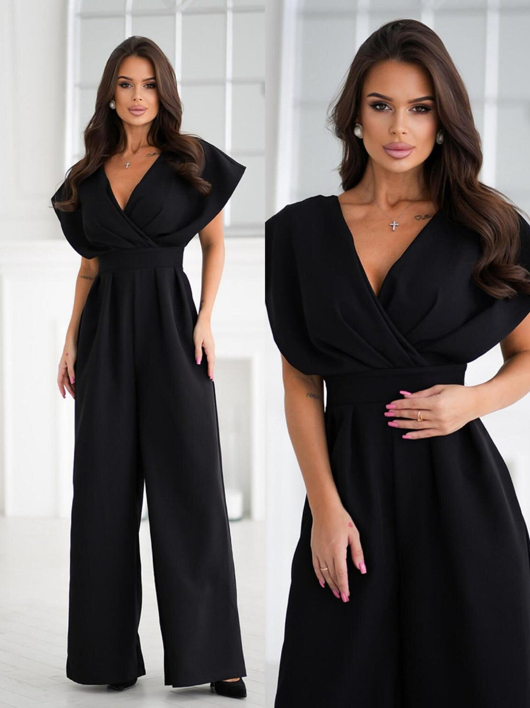 Dame Elegant Jumpsuit med dyb V-udskæring og vidt ben Stilla