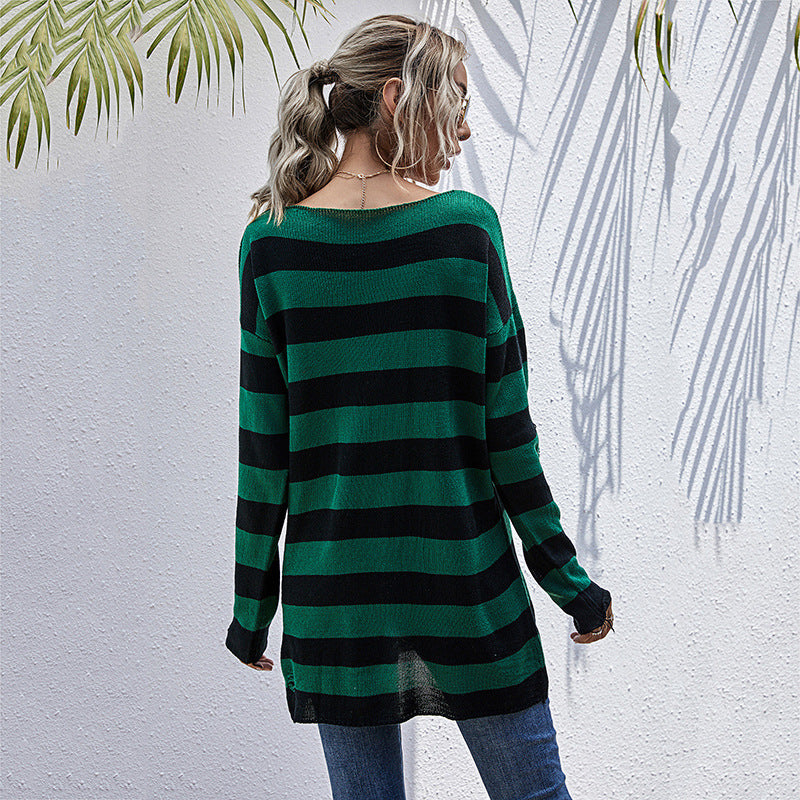 Dame stribet Oversized Pullover med dyb V-udskæring og trendy Cut-Outs Stilla