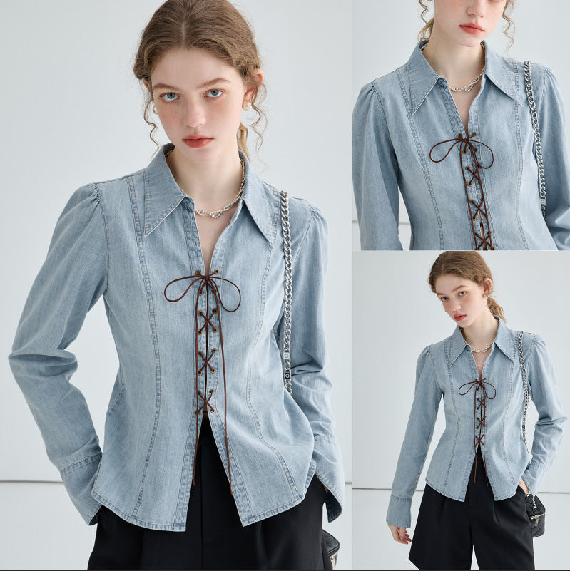 Dame jeansbluse med snøring og asymmetrisk snit Stilla