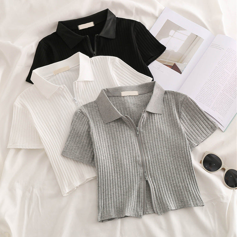 Femme Lynlås Rib-Crop-Polo-Top Stilla