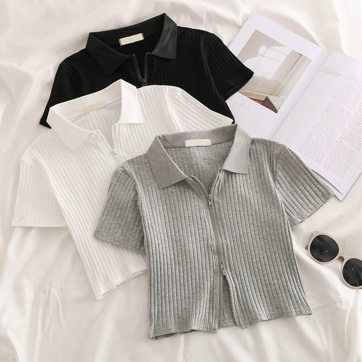 Femme Lynlås Rib-Crop-Polo-Top Stilla