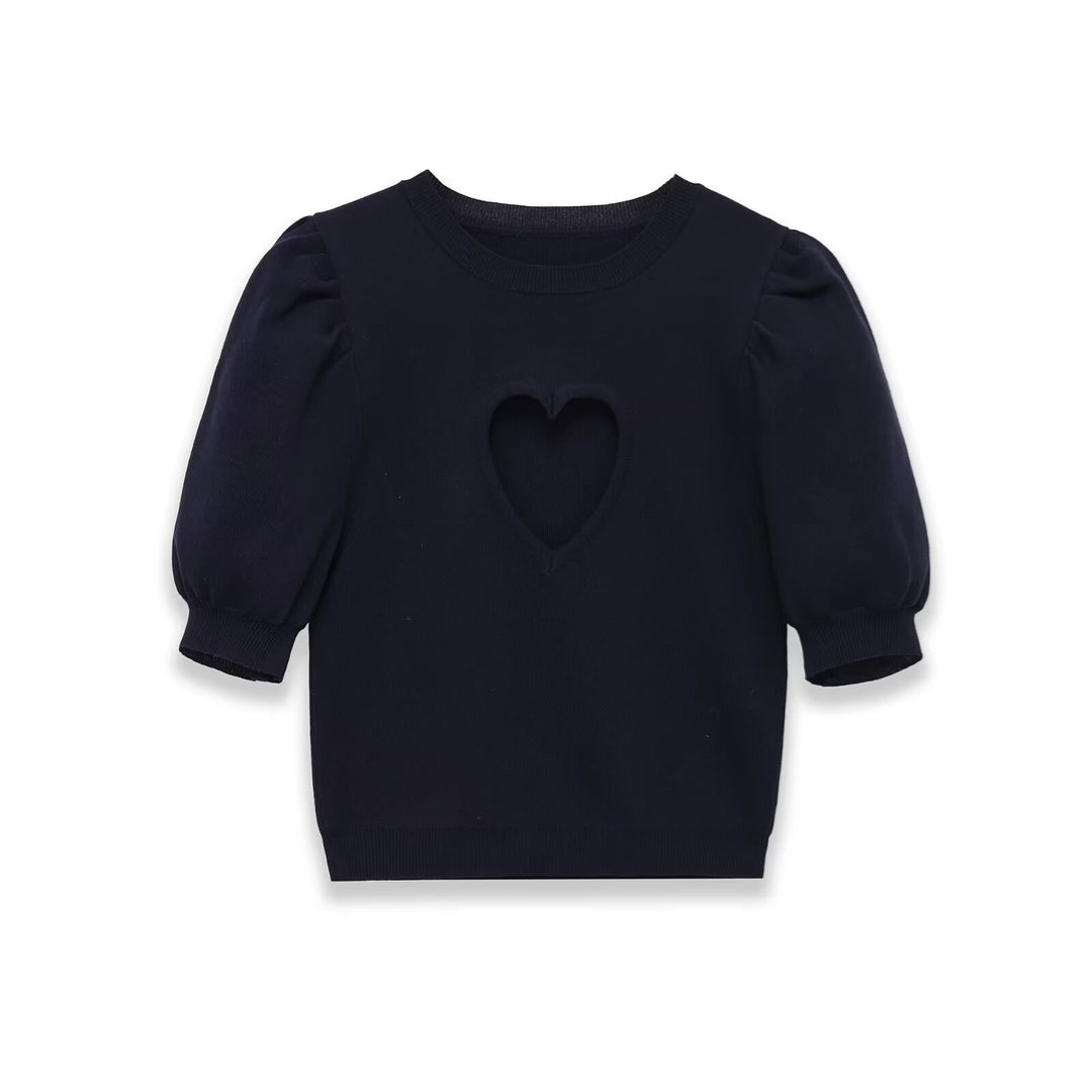 Dame bomulds sweater med hjerteformet udskæring og modige puffærmer Skovae