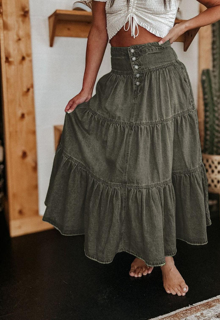 Dame lang denim-nederdel med flæser og knapdetalje Stilla