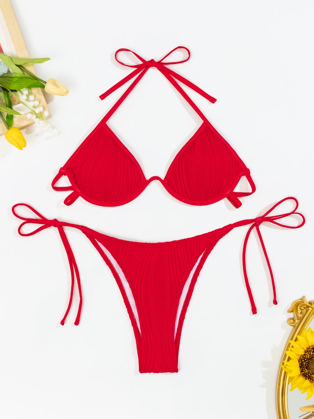 Dame Rib-design Triangel-Bikini-sæt med justerbare bindedetaljer Stilla