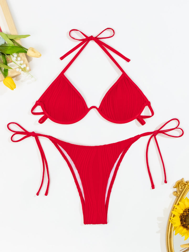 Dame Rib-design Triangel-Bikini-sæt med justerbare bindedetaljer Stilla
