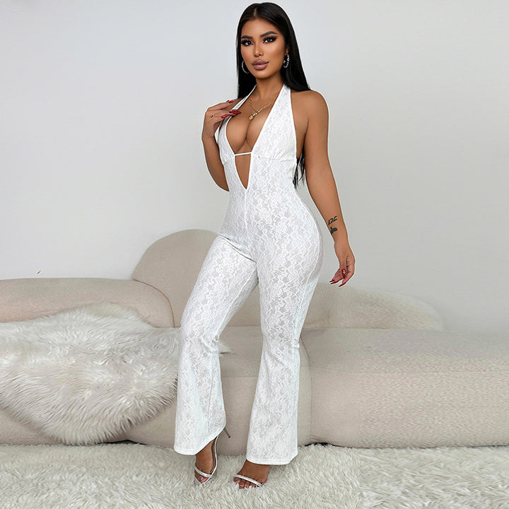 Dame Elegant Jumpsuit med dyb V-udskæring og figurtilpasset silhuet Skovae