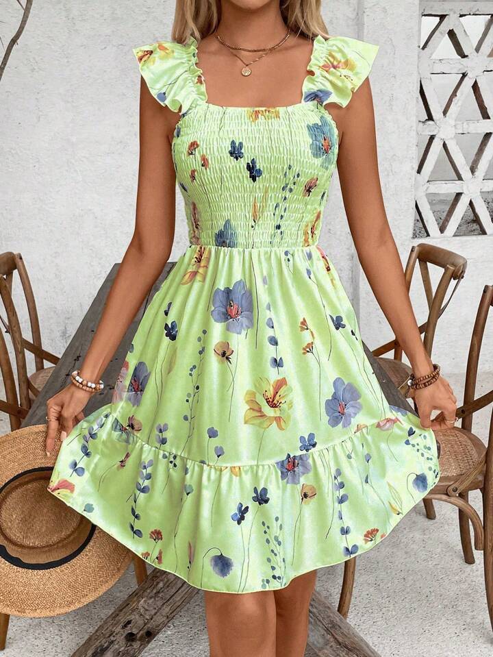 Dame Smocked Floral Ruffle Mini Kjole Stilla