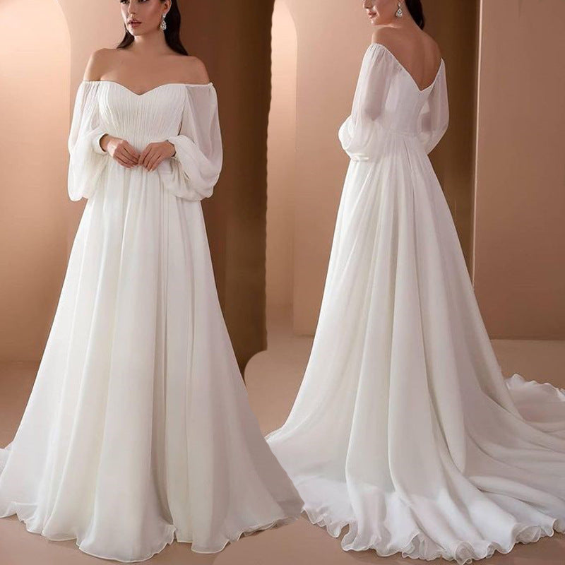 Stilla | Off Shoulder Langærmet Hvid Brudekjole