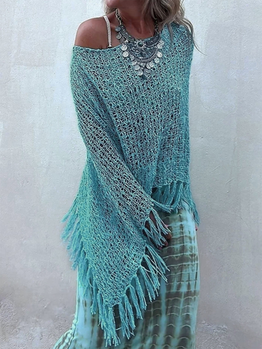 Dame luftig hæklede poncho med frynsedesign Stilla