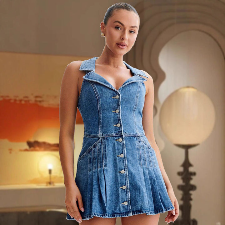 Dame jeans kjole i tilpasset snit med klassisk krave og knapstolpe Skovae