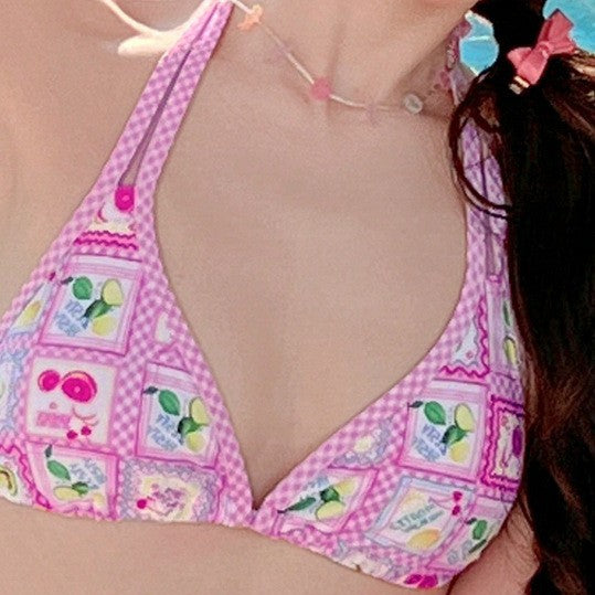 Dame Triangel Bikini med kvadratisk mønstertryk og justerbare bånd Stilla