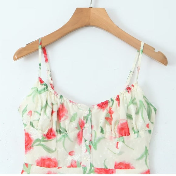 Dame Floral Print Midi Kjole med justerbare Spaghetti-stropper Stilla