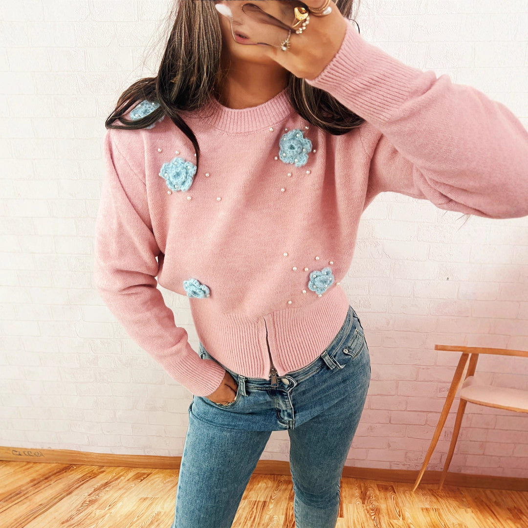 Dames fashionable strik sweater med blomsterapplikationer og dekorative perler Stilla