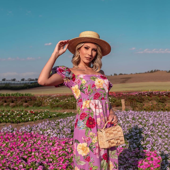 Dame Floral Maxikjole med Puffærmer og skinnende accenter Stilla