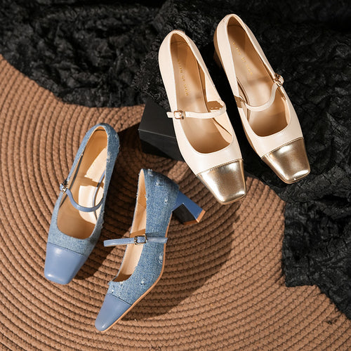 Femme Elegante Mary Jane Blokhælte Pumps med Metalhætte Stilla