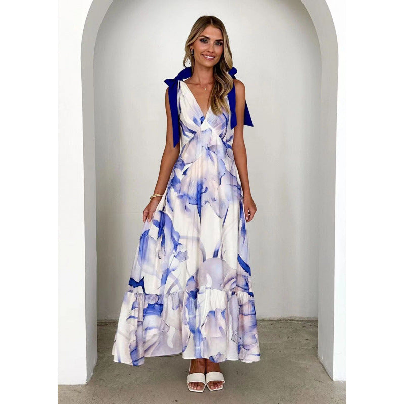Femme Bohemian Floral Maxi Kjole med justerbare bindesnore Stilla