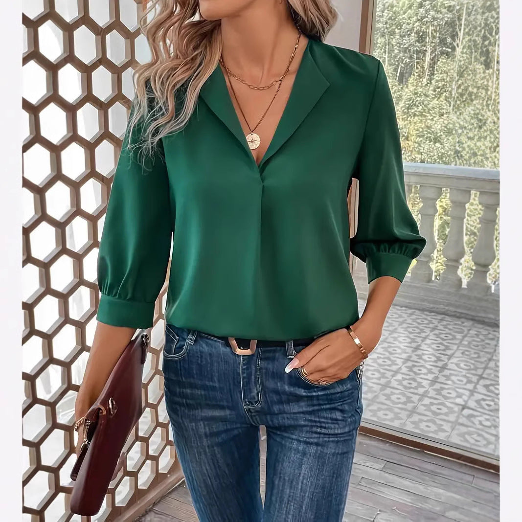 Dame afslappet bluse med 3/4 ærmer og elegant krave Stilla