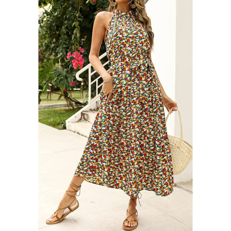 Femme Floral Print Maxi Kjole med justerbart Bindebælte Stilla
