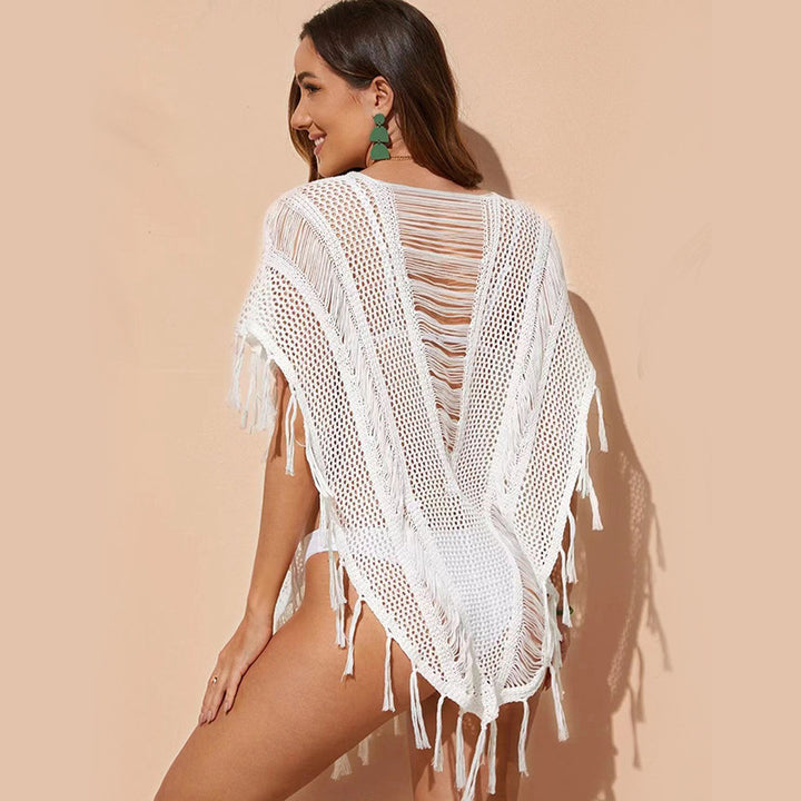 Dame Hæklet Strandponcho med frynser og moderne design Stilla