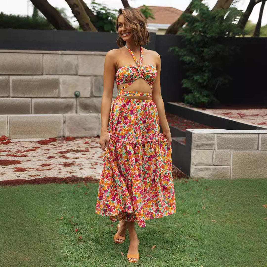 Femme Cut-Out Blumen Crop Top og Maxi Nederdel Sæt Stilla