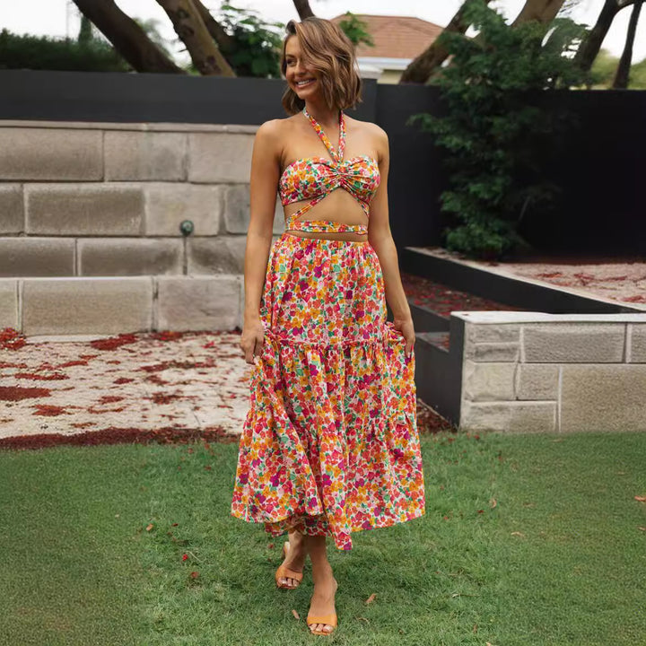 Femme Cut-Out Blumen Crop Top og Maxi Nederdel Sæt Stilla