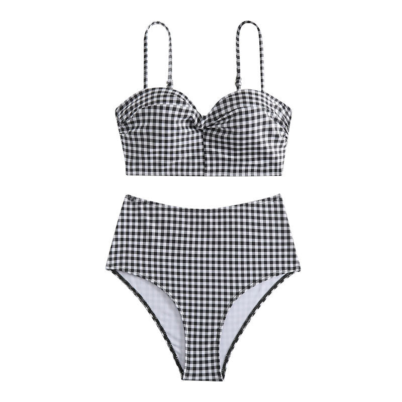 Dame Crop Top Bikini med moderigtigt ternet mønster og høj taljebund Stilla