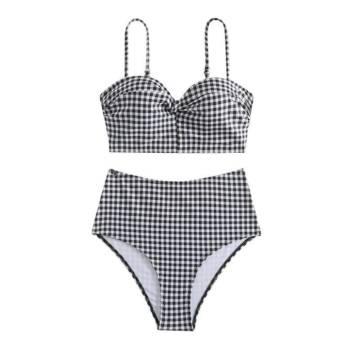 Dame Crop Top Bikini med moderigtigt ternet mønster og høj taljebund Stilla