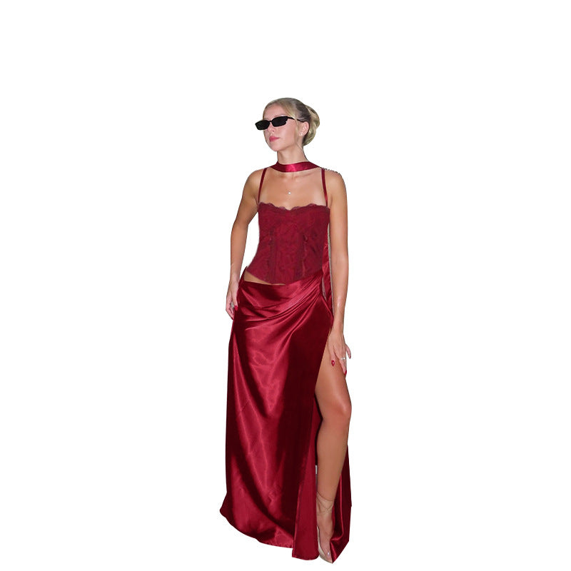 Dame elegant Maxikjole med spidsetop og flydende skørt Skovae