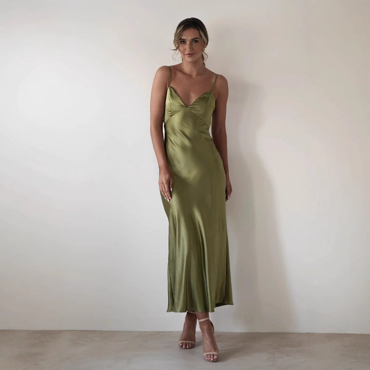 Ladies Satin Maxi Dress in elegant cut with narrow spaghetti straps Skovae