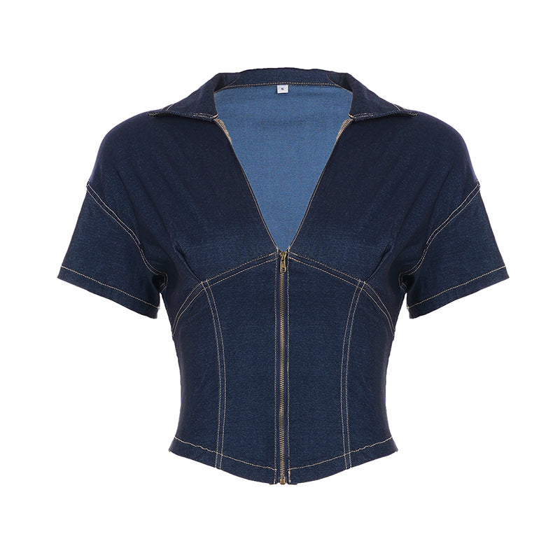 Dame Kortærmet Denim-Jakke med delt lynlås og moderne snit Skovae