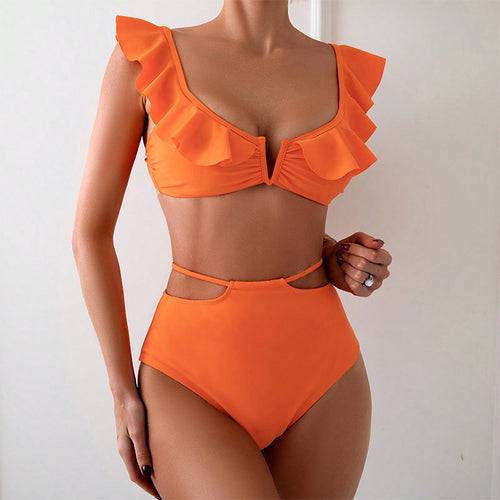 Dame bikini sæt med voluminøse flæsedetaljer og højt taljesnit Skovae